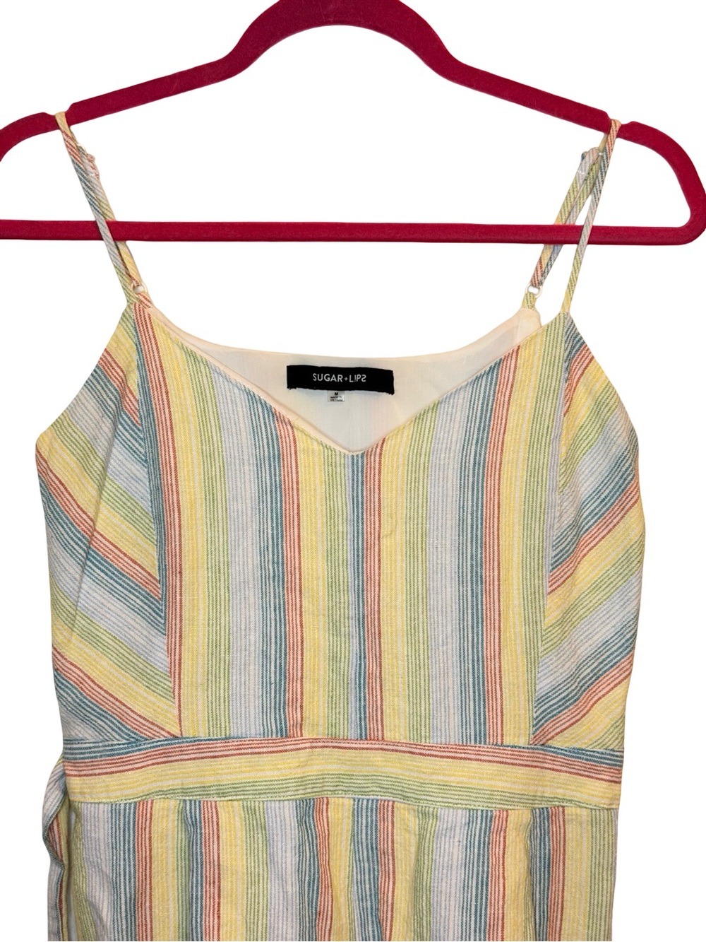 Sugarlips Striped Linen Romper Medium Rainbow Tie Waist Summer Vacation Medium - Picture 5 of 8